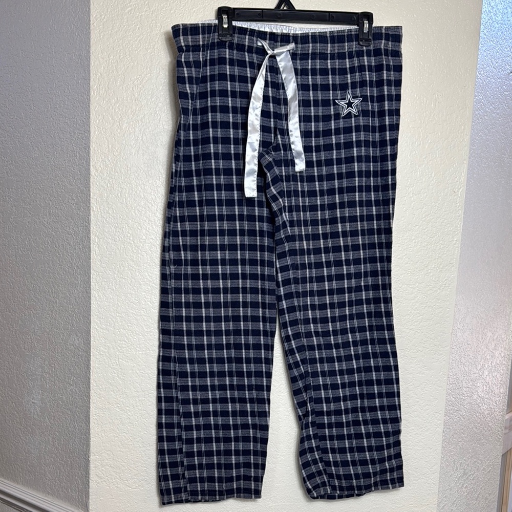 Cowboys Authentic Apparel Unisex Navy Plaid Pajama Pants with Star Logo.